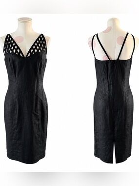 Paul Alexander Dresses Black Linen Blend Cutout Strap Sheath Dress - small
